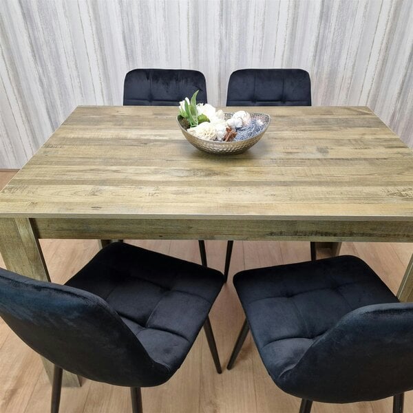 Kosy Koala Dining Table and 4 Chairs Rustic Effect Wood Table 4 Black Velvet Chairs Dining Room