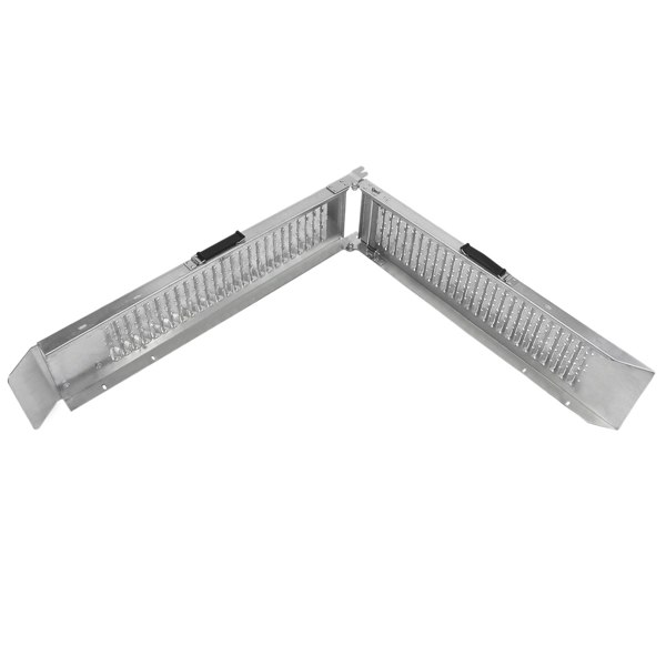 T-Mech foldable motorbike ramp in silver aluminum, featuring a sturdy, textured surface and a compact, angled design for easy storage