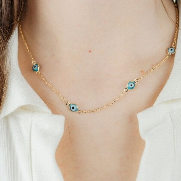 The Colourful Aura Evil Eye Gold and Silver Charm Protection Turkish Eye Blue Bead Choker Necklace