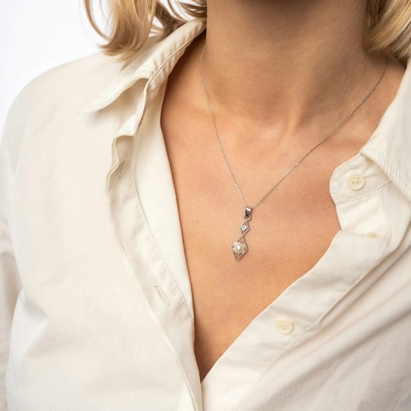 Spero London Sterling Silver Rhombus 3D Pearl Necklace