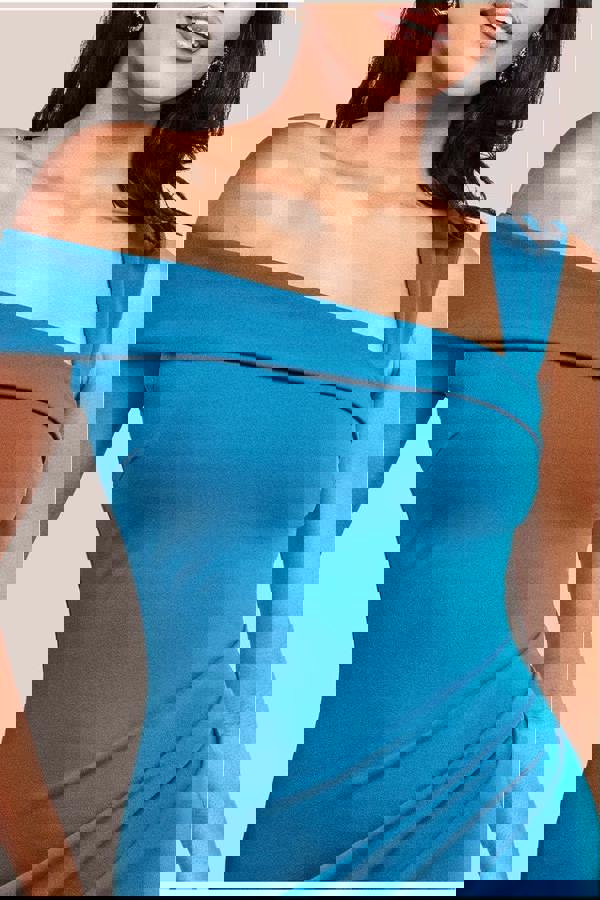 Off The Shoulder Pleated Waist Maxi Dress - Teal Blue DR2594G