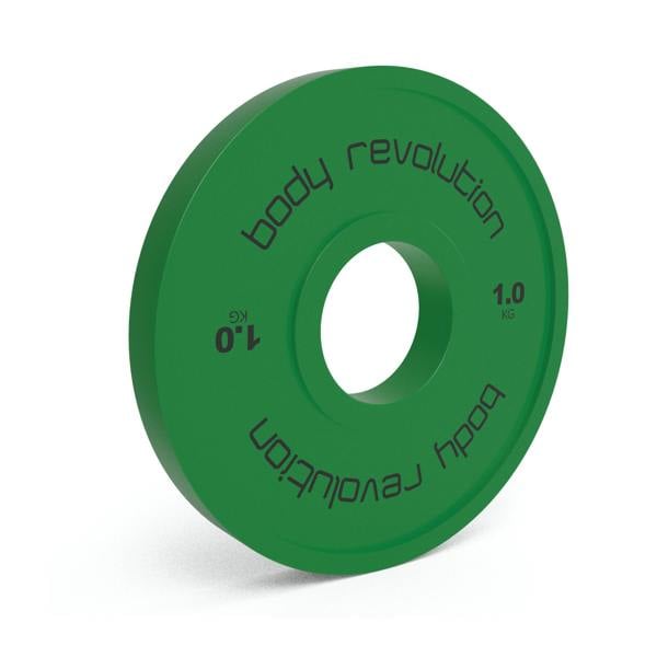 Bright green 1kg fractional bumper plate with a smooth surface, featuring a central hole and bold "body revolution" text around the edge
