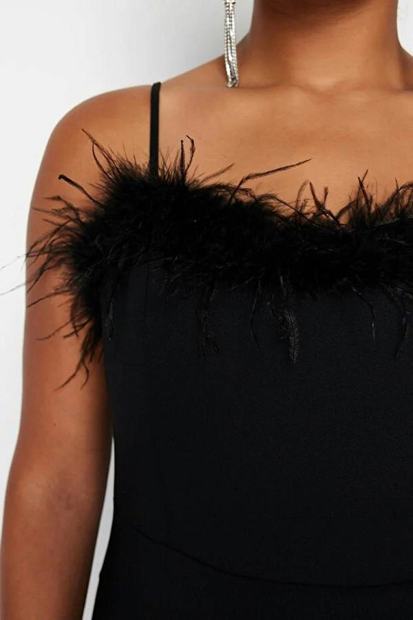 WOVCOR Feather Trimmed Strapless Woven Plus Size Evening Dress