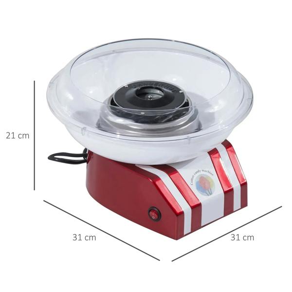 Red and white retro cotton candy maker with clear dome and circular black heating plate