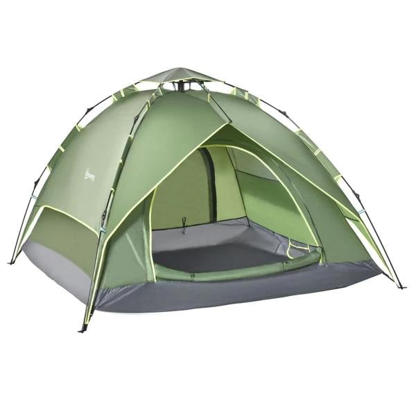 Green dome camping tent with mesh front and gray floor, double-layer interior