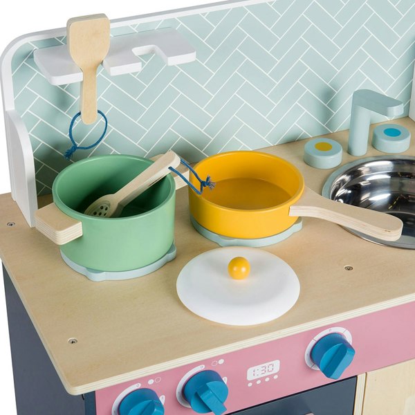 Bigjigs Toys Wooden Simply Scandi Play Kitchen - Includes Pots And Utensils