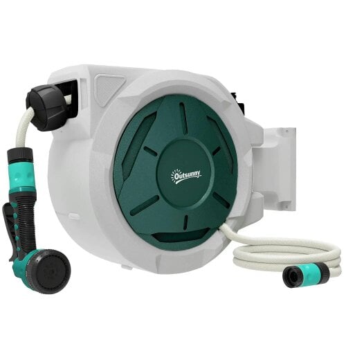Bobobiy Retractable Hose Reel Wall Mounted, 30+2m Garden Hose Pipe Reel with Lock, 7 in 1 Spray Nozzle, 180° Swivel, 59 x 23 x 42 cm, Grey