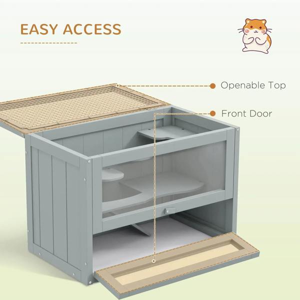 Grey wooden hamster cage hutch with operable top and front door access ramp