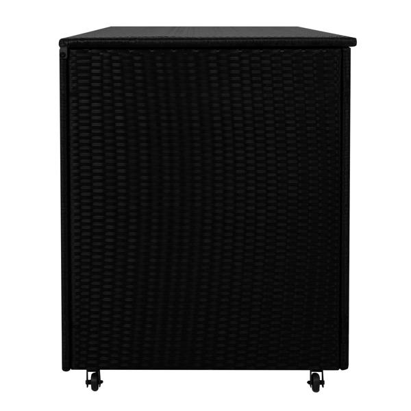 Black rattan cushion storage box with a textured weave, featuring a flat top and rolling wheels for easy mobility