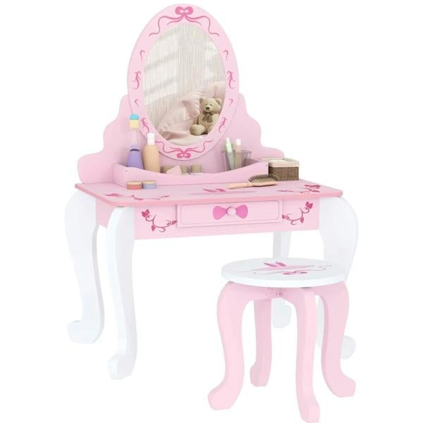 Pink kids ballet vanity table set with round mirror, drawer, and matching stool