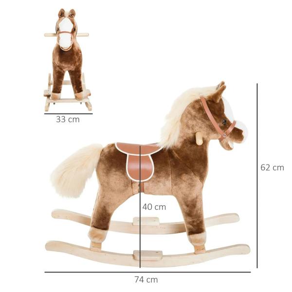 Brown plush rocking horse on light wood rocker base, side view