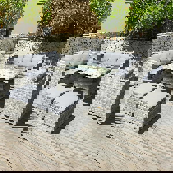 malta rattan 9 seat rising firepit corner set in dove grey with 2 footstools