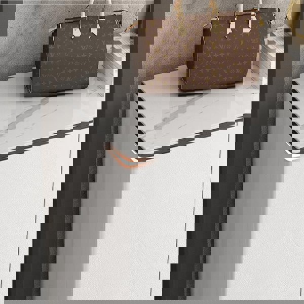 Detail view of Madge Shoe Storage, White with black shoe cabinet storage