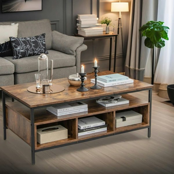 Rafaelo Mobilia Industrial Wooden Coffee Table With Storage Shelves