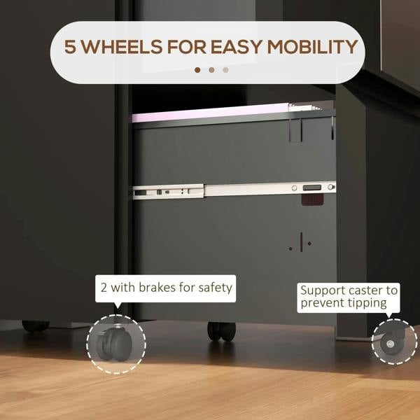 Graphic highlighting 5 caster wheels, with two brakes for stability