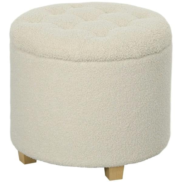 Cream teddy fleece storage ottoman with round padded top and wooden feet