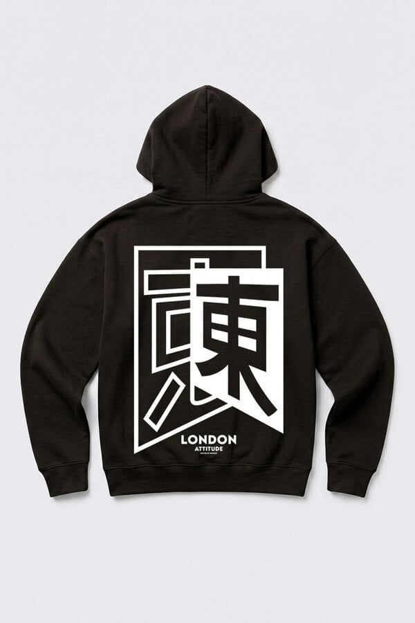 London Attitude Oversized Japanese Inspired Graphic Hoodie in Black