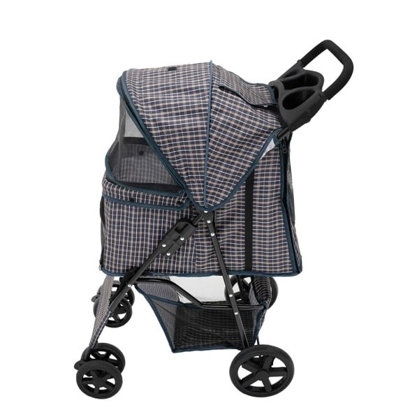 Monstershop Pet Stroller with Rain Cover & Caddy Bag - Blue Tartan