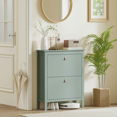 Wyld Haus Sela Wooden Mint Green Modern 2 Drawer Shoe Cabinet  Faux Leather Handles