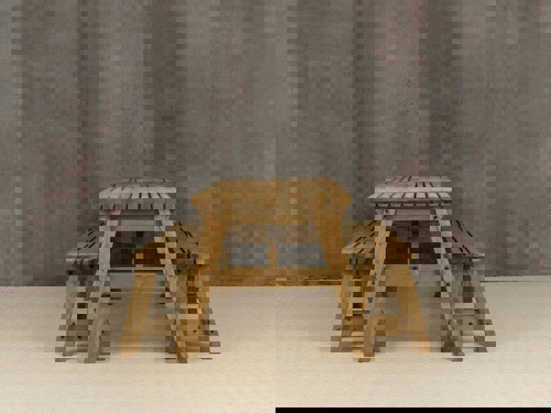 Victoria Space-Saving Rounded Picnic Table and Benches Set – Rustic Finish Wooden Outdoor Dining Set for Gardens and Patios