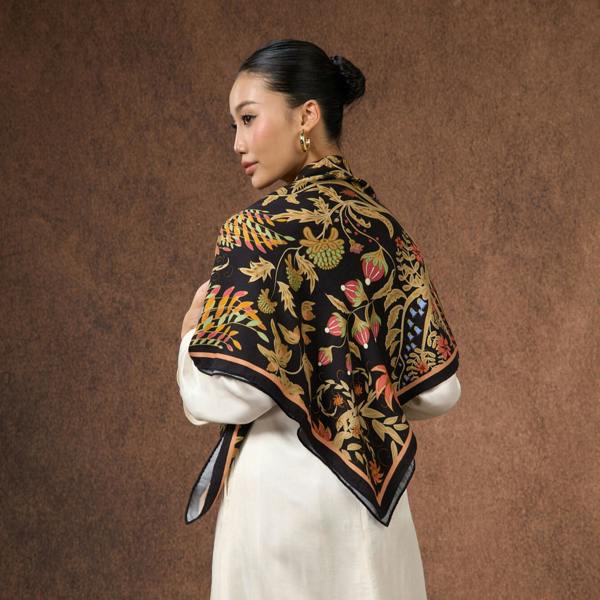 Phoenix Garden Wool Silk Scarf – Black Floral Wrap, Hand-Rolled Hem, Winter Gift