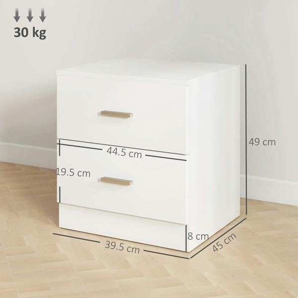 White bedside table with two drawers and metal bar handles, with size diagram
