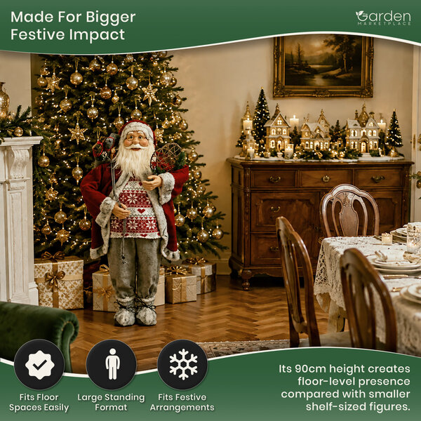 90cm Freestanding Father Christmas Figure with Presents Sack & Snowshoes, Rustic Santa Decoration with Fabric & Wool Clothing