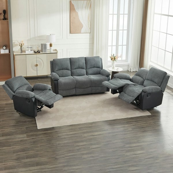 Furniture One Manual Reclining Sofa Set, Corduroy Fabric Recliner Sectional Sofa Suite-Adjustable Backrest and Footrest, Jumbo Cord Fabric Recliner