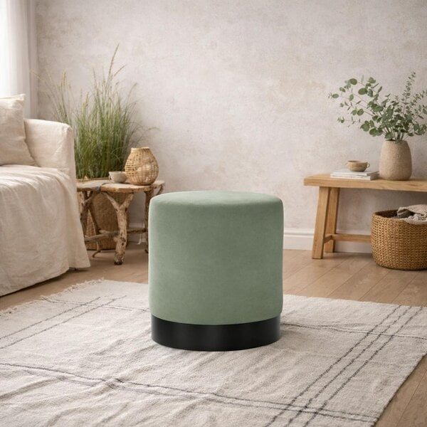 Wyld Haus Kalua Small Sage Green Round Velvet Stool Matt Black Base
