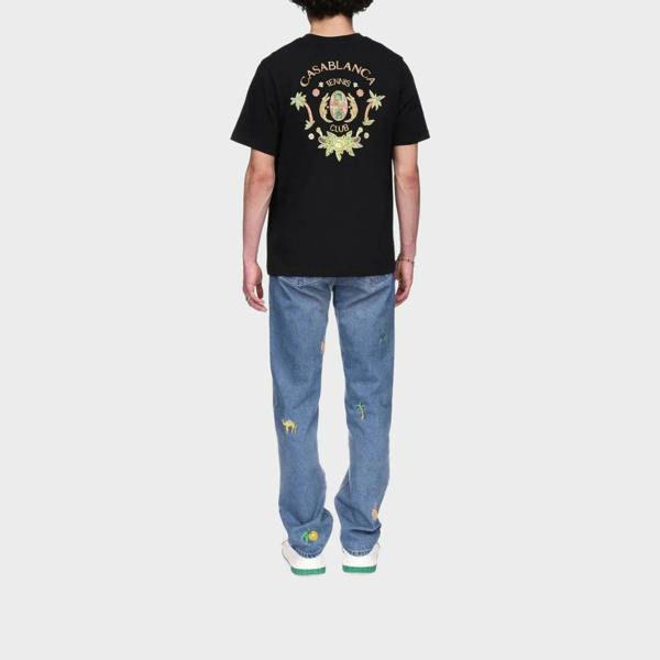 Supplied Fashion black short sleeve t-shirt with Casablanca Tennis Club graphic on back, worn with embroidered jeans.