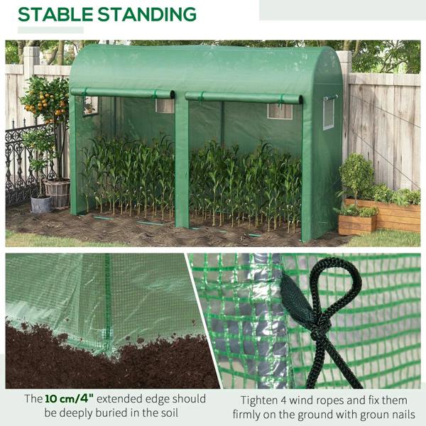 Green walk-in greenhouse with PE cover, steel frame, zippered door and window openings