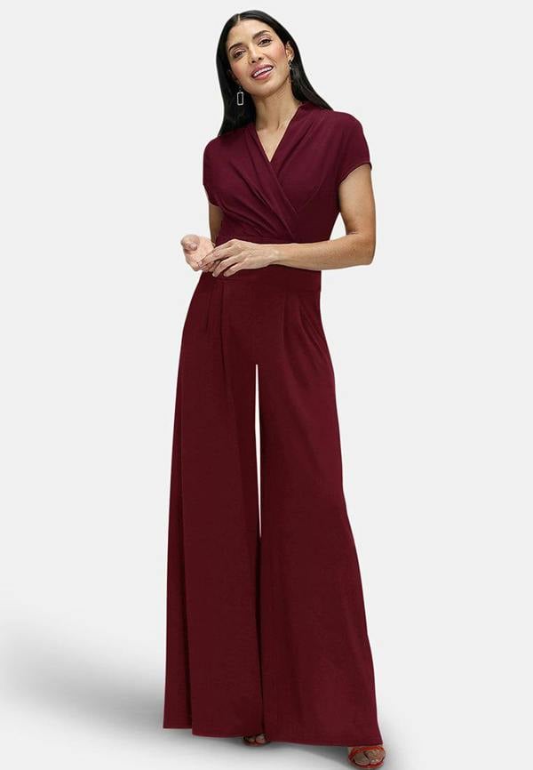 HotSquash V Neck Wide Leg Jumpsuit with Cap Sleeves