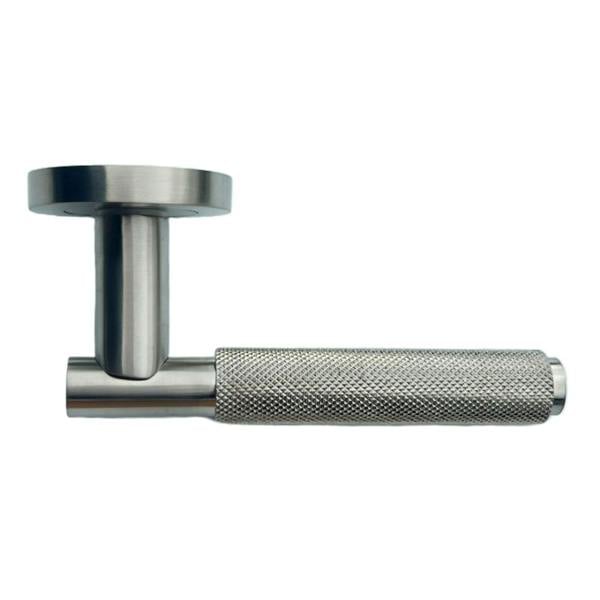 EDH Door Hardware Satin Nickel Knurled Door Handles on Round Rose – Modern Internal Lever Handle