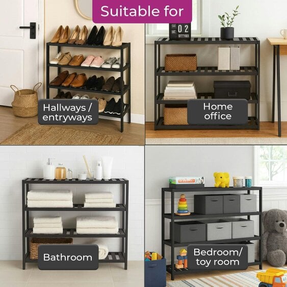Neo Black 4-Tier Bamboo Shoe Rack Wooden Shoe Storage Organiser Shelf for Hallway, Entrance Living Room
