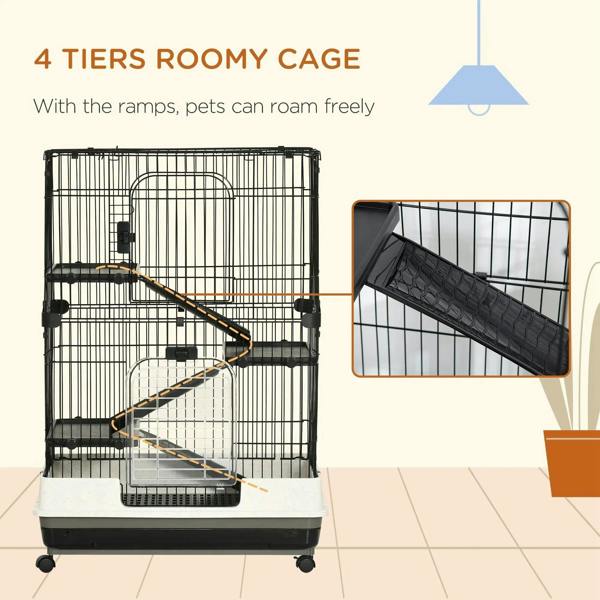 Four-tier small animal cage with black wire frame and multi-level ramps