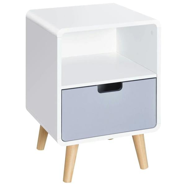 White bedside table with open shelf, drawer, and light wood legs