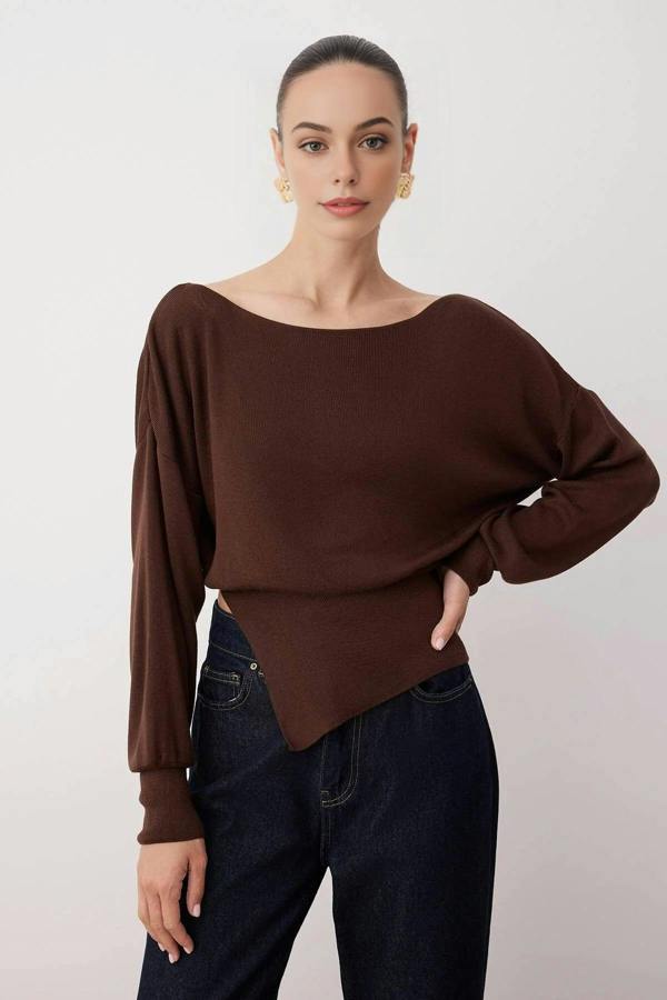 WOVCOR Mercerized Look Boat Neck Knit Sweater with Slit Detail