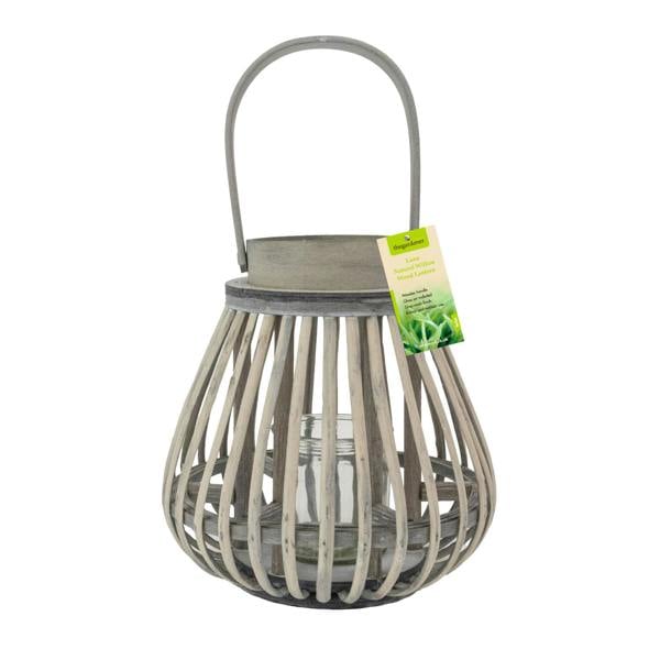 JVL Luna Natural Bulb Shaped Willow Wood Lantern With Wooden Handle, Grey Wash