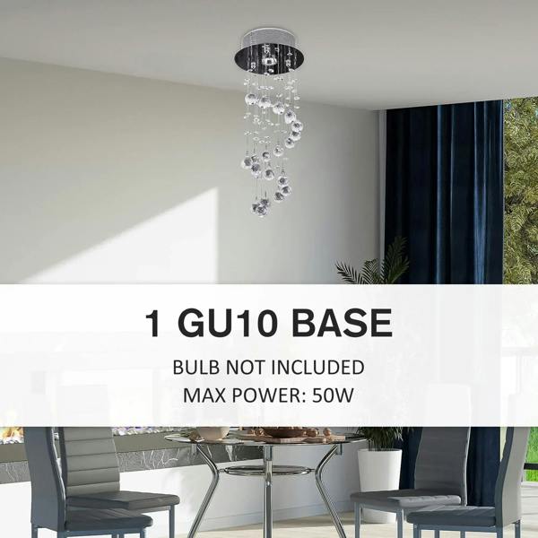 Silver crystal ceiling chandelier with dangling clear glass balls above a seating space