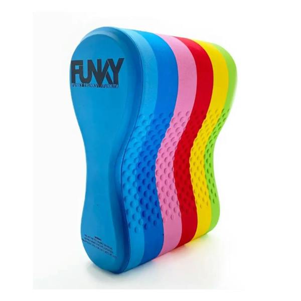 Colorful rainbow racer elite squad pull buoy with blue textured plastic fins