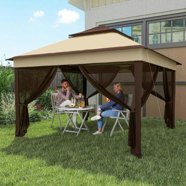 Beige pop-up gazebo with dark brown frame, sheer side curtains, outdoor seating area