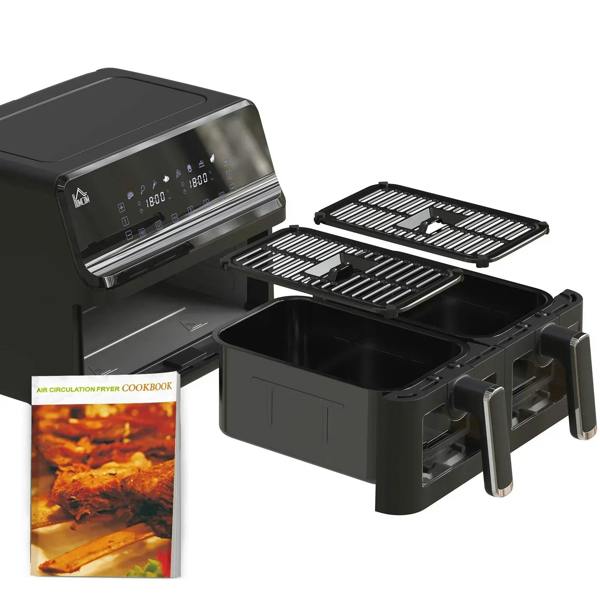 Black dual-basket air fryer oven with baskets open and removable rack liners