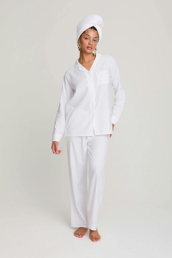 Cotton Modal Long Pyjama Set in White - Pajamas