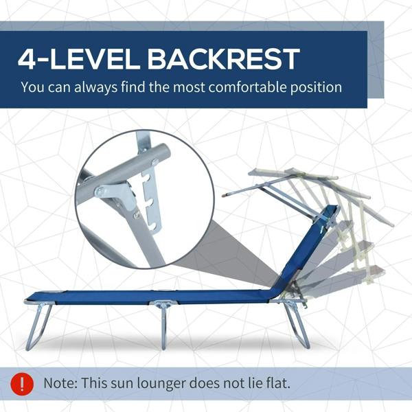 Blue reclining sun lounger with adjustable backrest and silver support frame