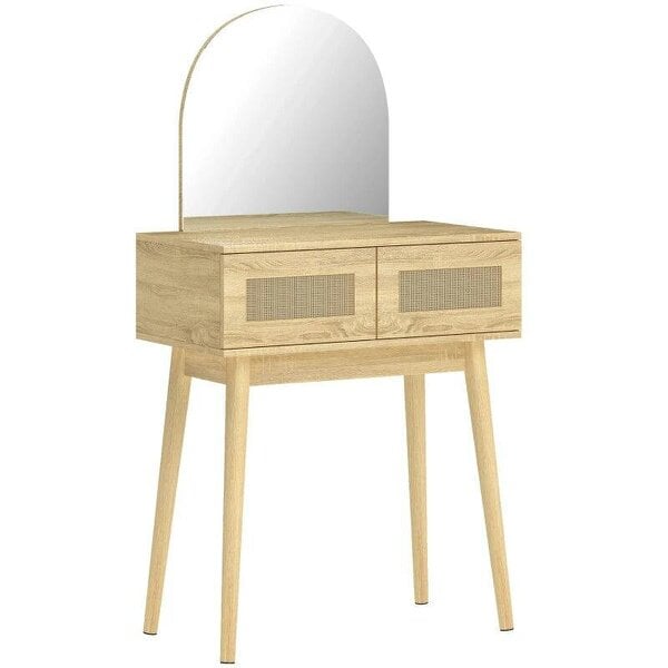 Dressing Table, Compact Vanity Desk with Mirror and 2 Drawers, Natural Wood Finish