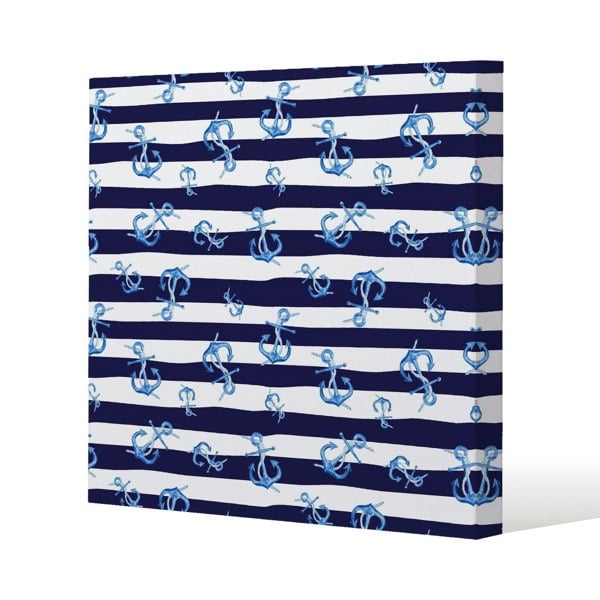 Benjamin Tate Design Blue Anchors on Navy Striped Background Slim Style Canvas Print  50x50cm , 15mm Slim Real wood.
