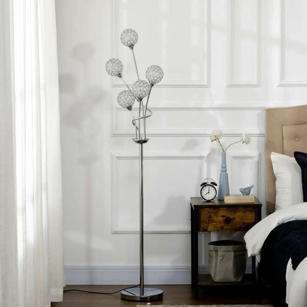 Silver crystal floor lamp with five round crystal ball shades on a tall chrome stand