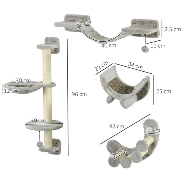 Grey wall-mounted cat tree layout diagram with post, platforms, hammock and curved steps