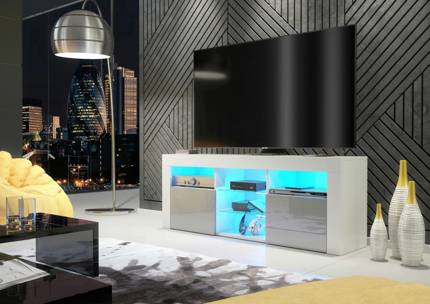 Mex Furniture Stylish 145cm Modern TV Unit with Sideboard and Grey High Gloss Doors