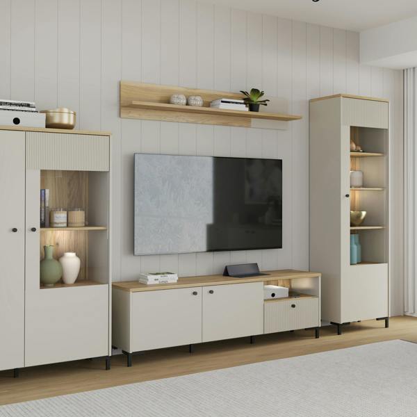 Furniture To Go Bixbite Wall Shelf with Sliding Panel in Mauvella Oak and Sand